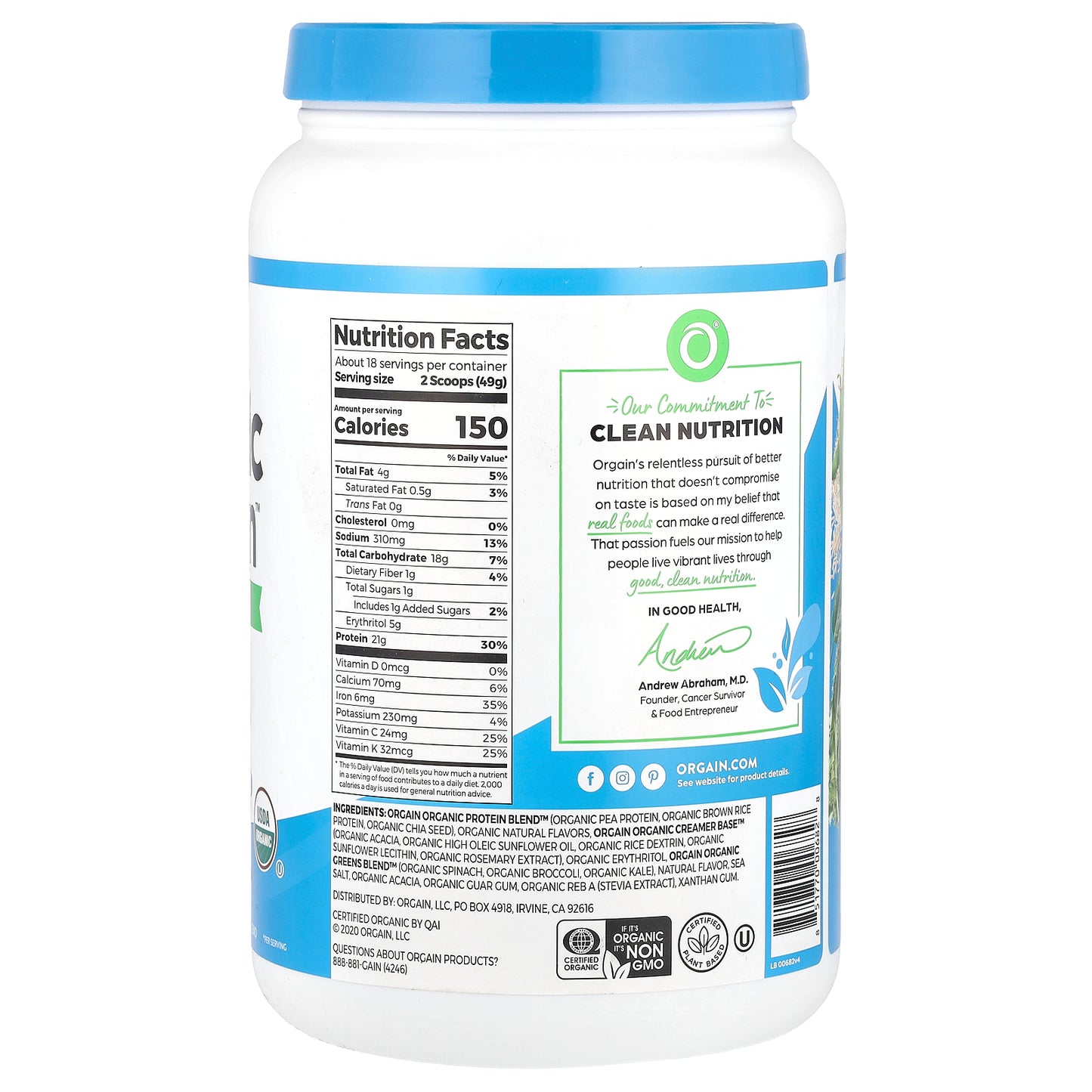 Orgain, Organic Protein™ + Greens Protein Powder, Plant-Based, Vanilla Bean, 1.94 lb (882 g)