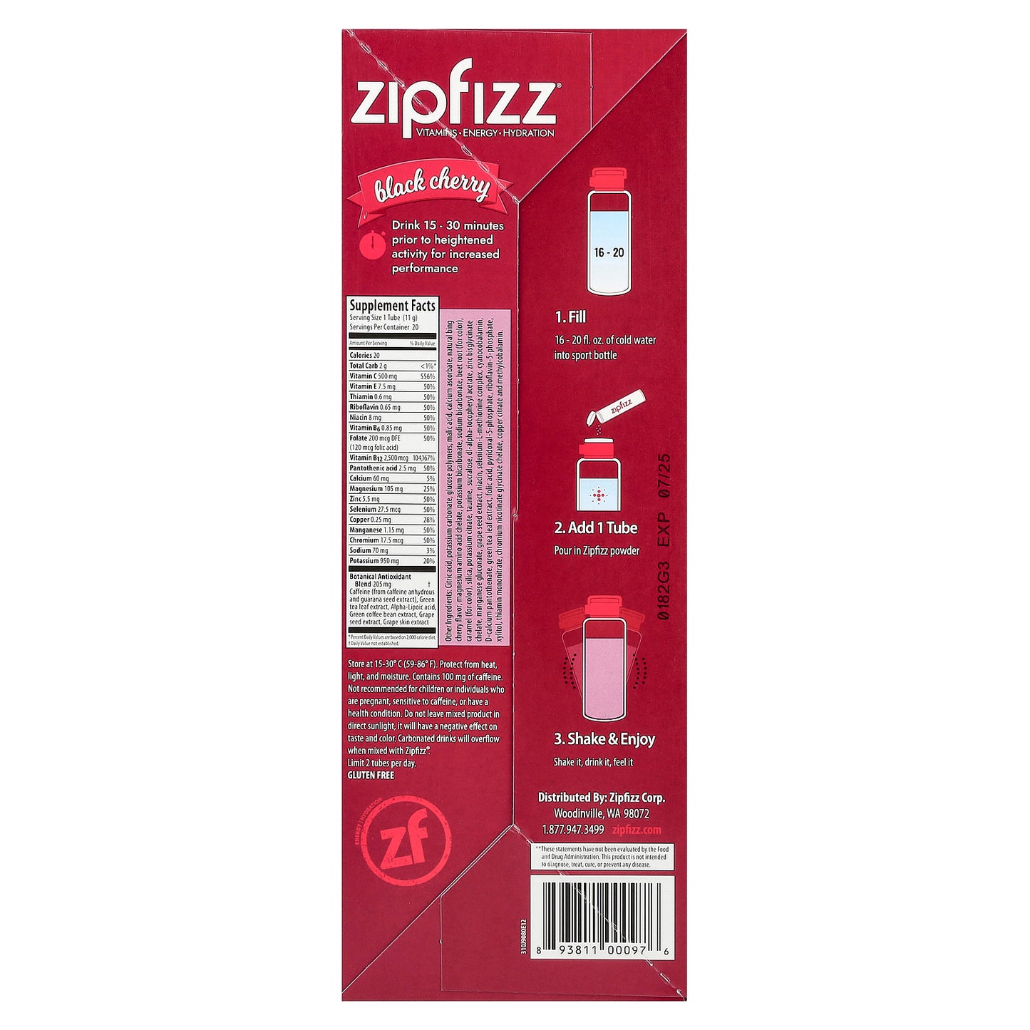 Zipfizz, Energy Drink Mix, Black Cherry, 20 Tubes, 0.39 oz (11 g) Each