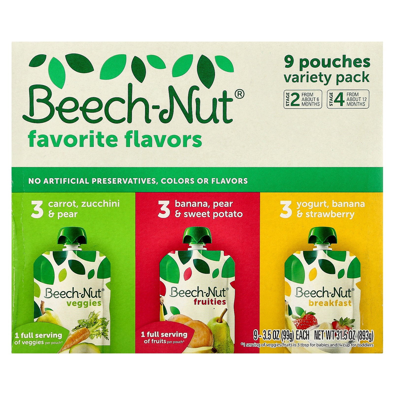 Beech-Nut, Favorite Flavors Variety Pack, 6+ Months & 12+ Months, 9 Pouches, 3.5 oz (99 g) Each