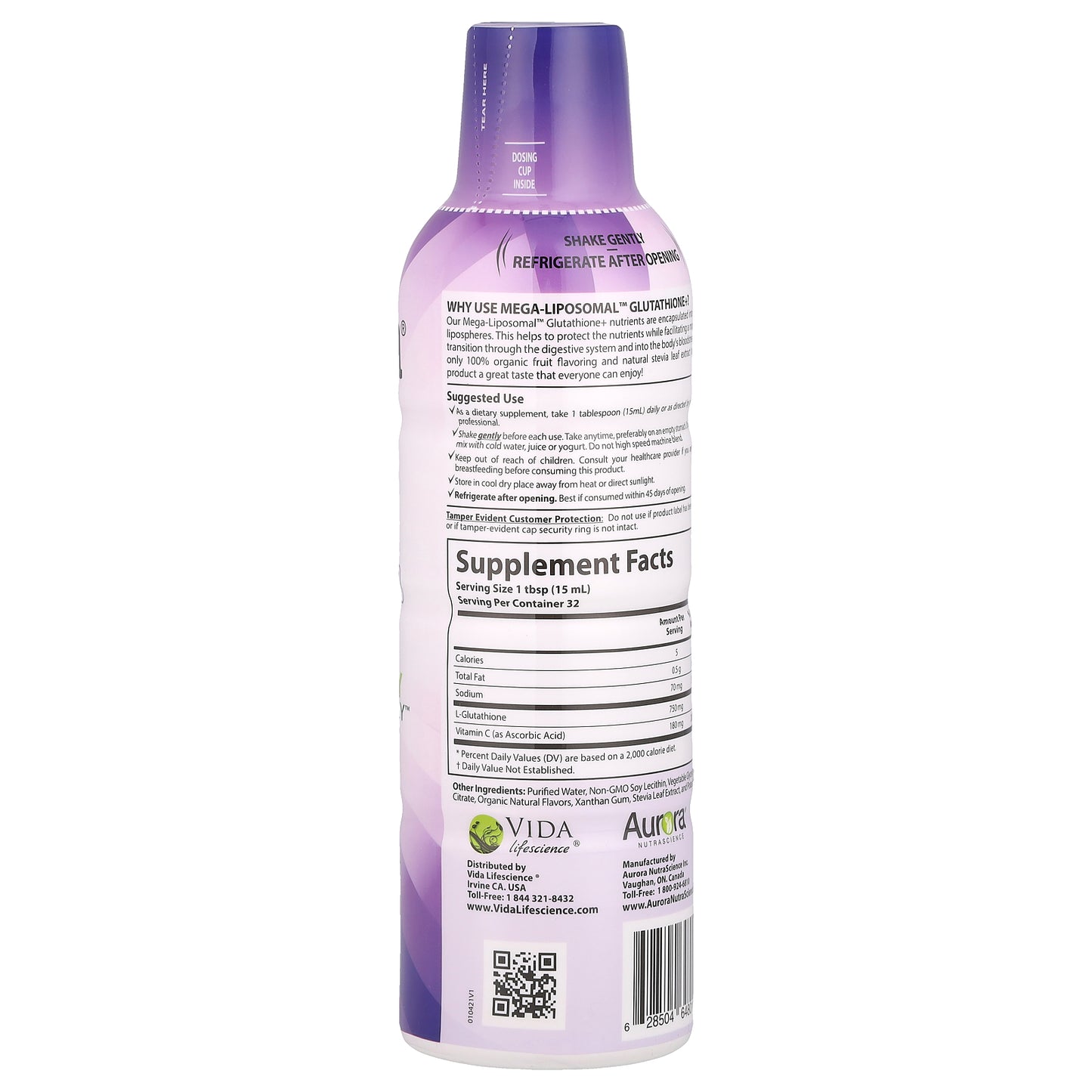 Aurora Nutrascience, Mega-Liposomal™ Glutathione+, Plus Vitamin C, Organic Fruit, 750 mg, 16 fl oz (480 ml)