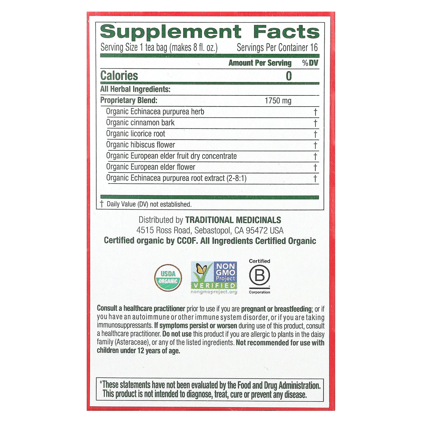 Traditional Medicinals, Organic Immune Zoom®, Elderberry Echinacea, Caffeine Free, 16 Wrapped Tea Bags, 0.99 oz (28 g)