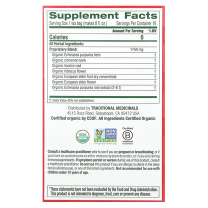 Traditional Medicinals, Organic Immune Zoom®, Elderberry Echinacea, Caffeine Free, 16 Wrapped Tea Bags, 0.99 oz (28 g)