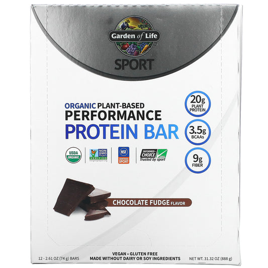 Garden of Life, Sport, Organic Plant-Based Performance Protein Bar, Chocolate Fudge, 12 Bars, 2.61 oz (74 g) Each