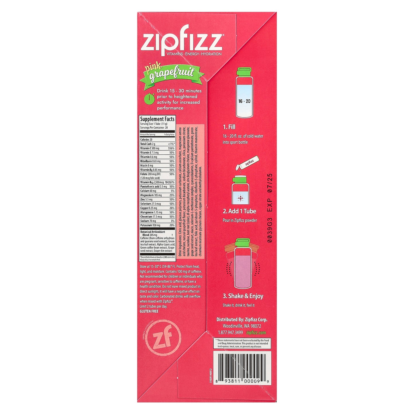 Zipfizz, Energy Drink Mix, Pink Grapefruit, 20 Tubes, 0.39 oz (11 g) Each