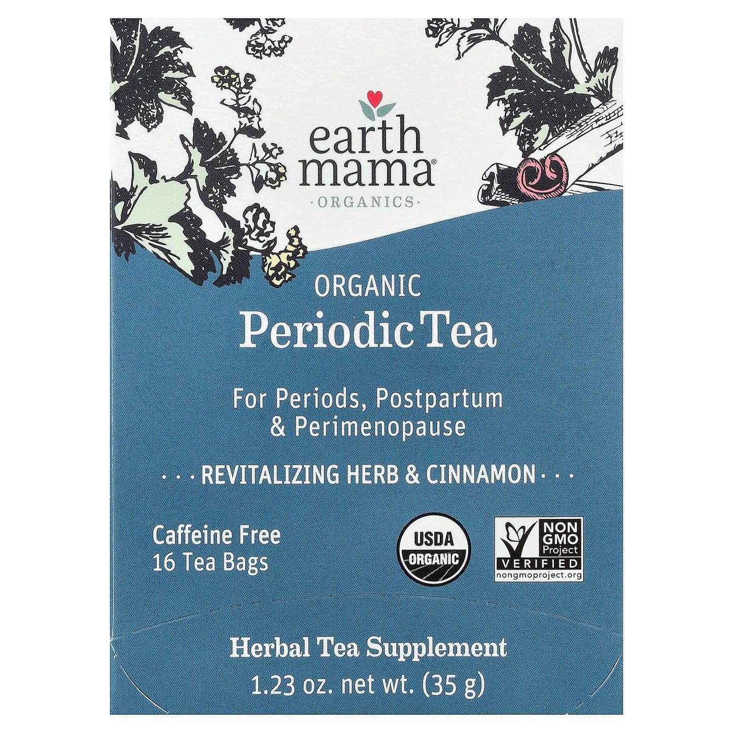 Earth Mama, Organics, Organic Periodic Tea, Revitalizing Herb & Cinnamon, Caffeine Free, 16 Tea Bags, 1.23 oz (35 g)