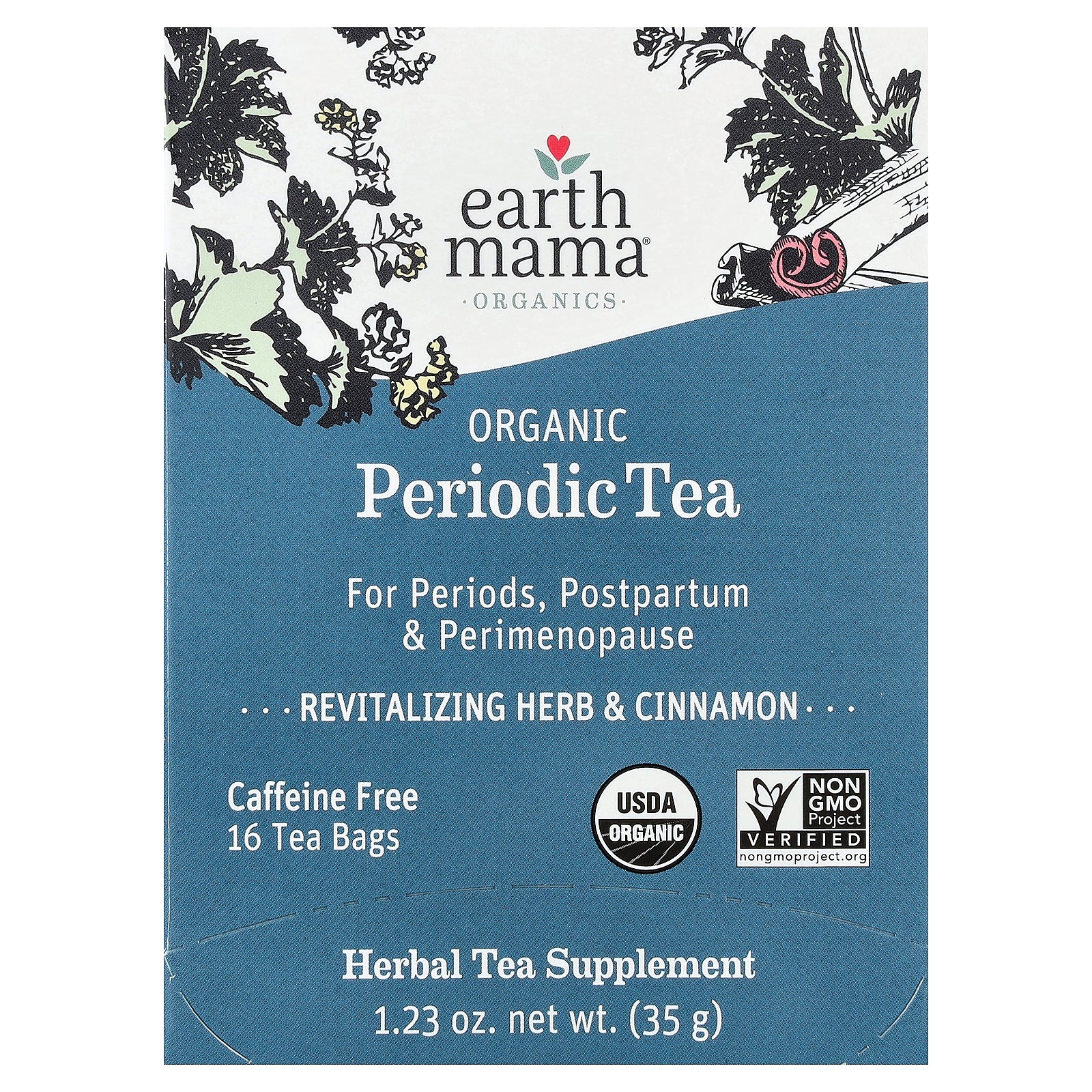 Earth Mama, Organics, Organic Periodic Tea, Revitalizing Herb & Cinnamon, Caffeine Free, 16 Tea Bags, 1.23 oz (35 g)