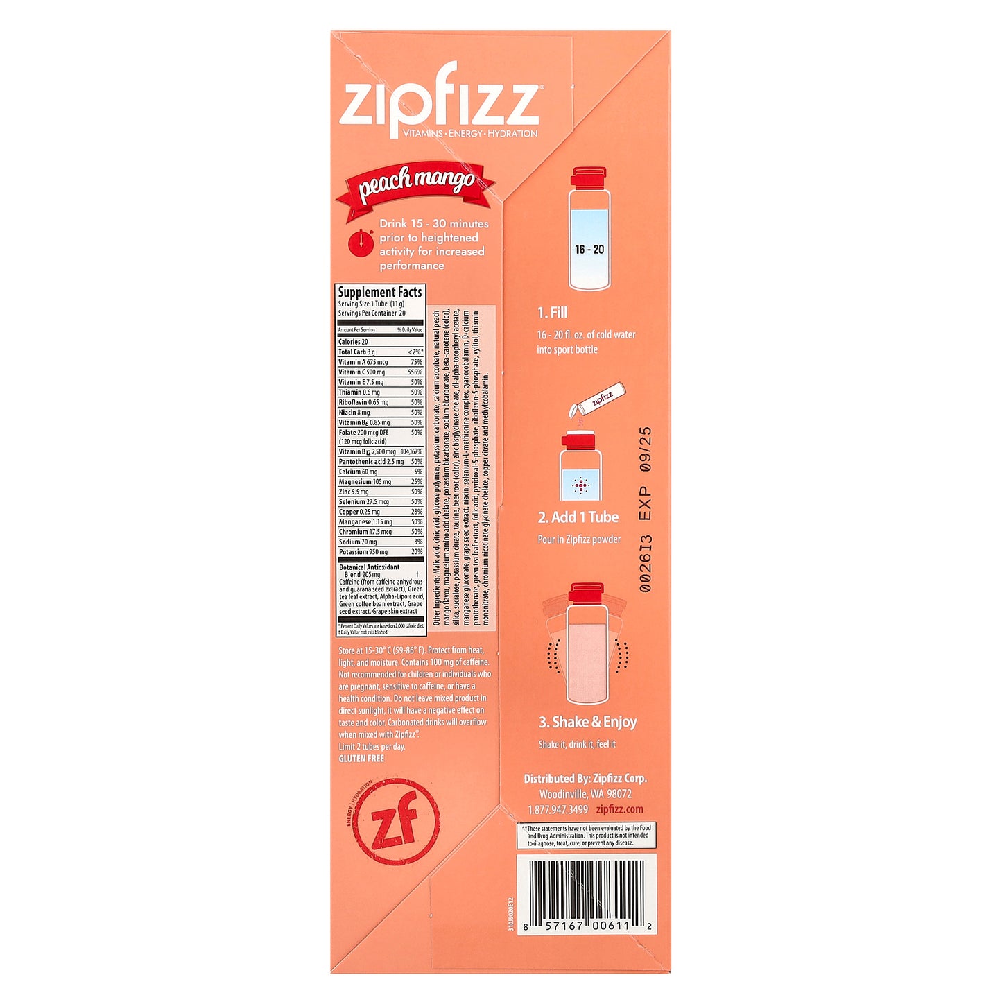 Zipfizz, Energy Drink Mix, Peach Mango, 20 Tubes, 0.39 oz (11 g) Each