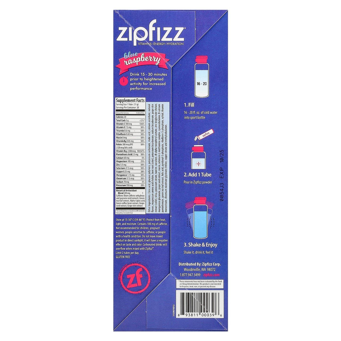 Zipfizz, Energy Drink Mix, Blueberry Raspberry, 20 Tubes, 0.39 oz (11 g) Each