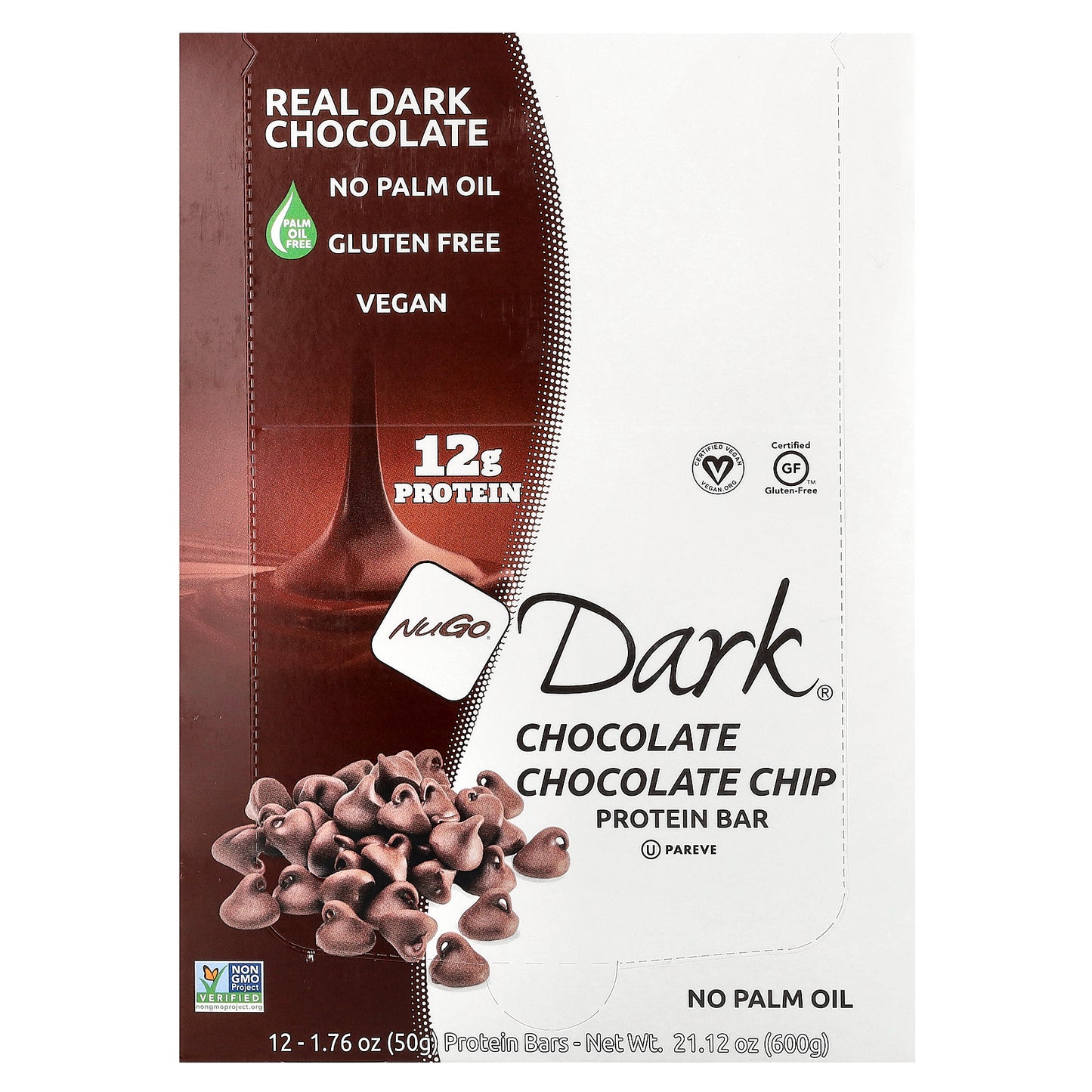 NuGo Nutrition, NuGo Dark® Protein Bars, Chocolate Chocolate Chip, 12 Bars, 1.76 oz (50 g) Each