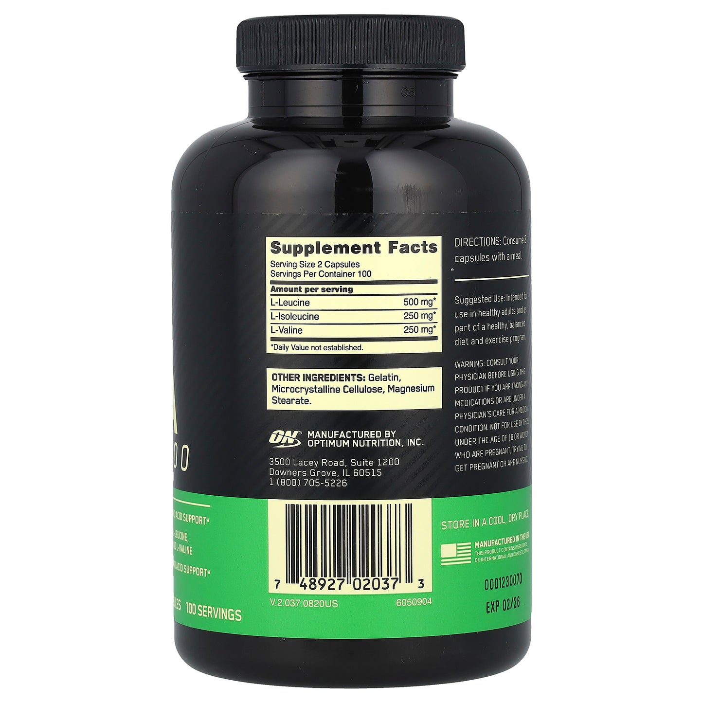 Optimum Nutrition, BCAA 1000, 1,000 mg, 200 Capsules (500 mg per Capsule)