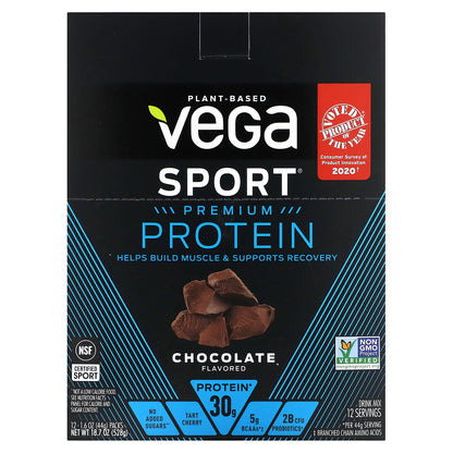 Vega, Sport, Plant-Based Premium Protein, Chocolate, 12 Packs, 1.6 oz (44 g) Each