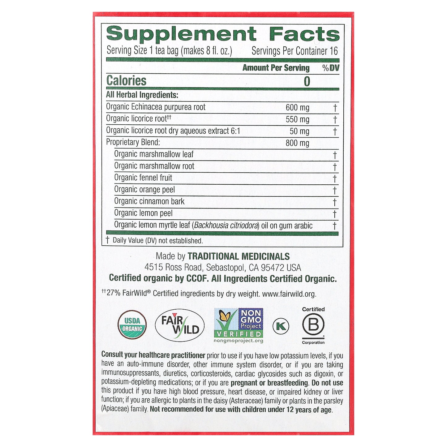 Traditional Medicinals, Organic Throat Coat®, Lemon Echinacea, Caffeine Free, 16 Wrapped Tea Bags, 1.13 oz (32 g)