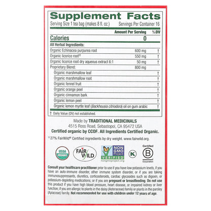 Traditional Medicinals, Organic Throat Coat®, Lemon Echinacea, Caffeine Free, 16 Wrapped Tea Bags, 1.13 oz (32 g)