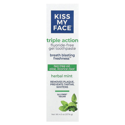 Kiss My Face, Triple Action Fluoride-Free Gel Toothpaste, Herbal Mint, 4.5 oz (127.6 g)