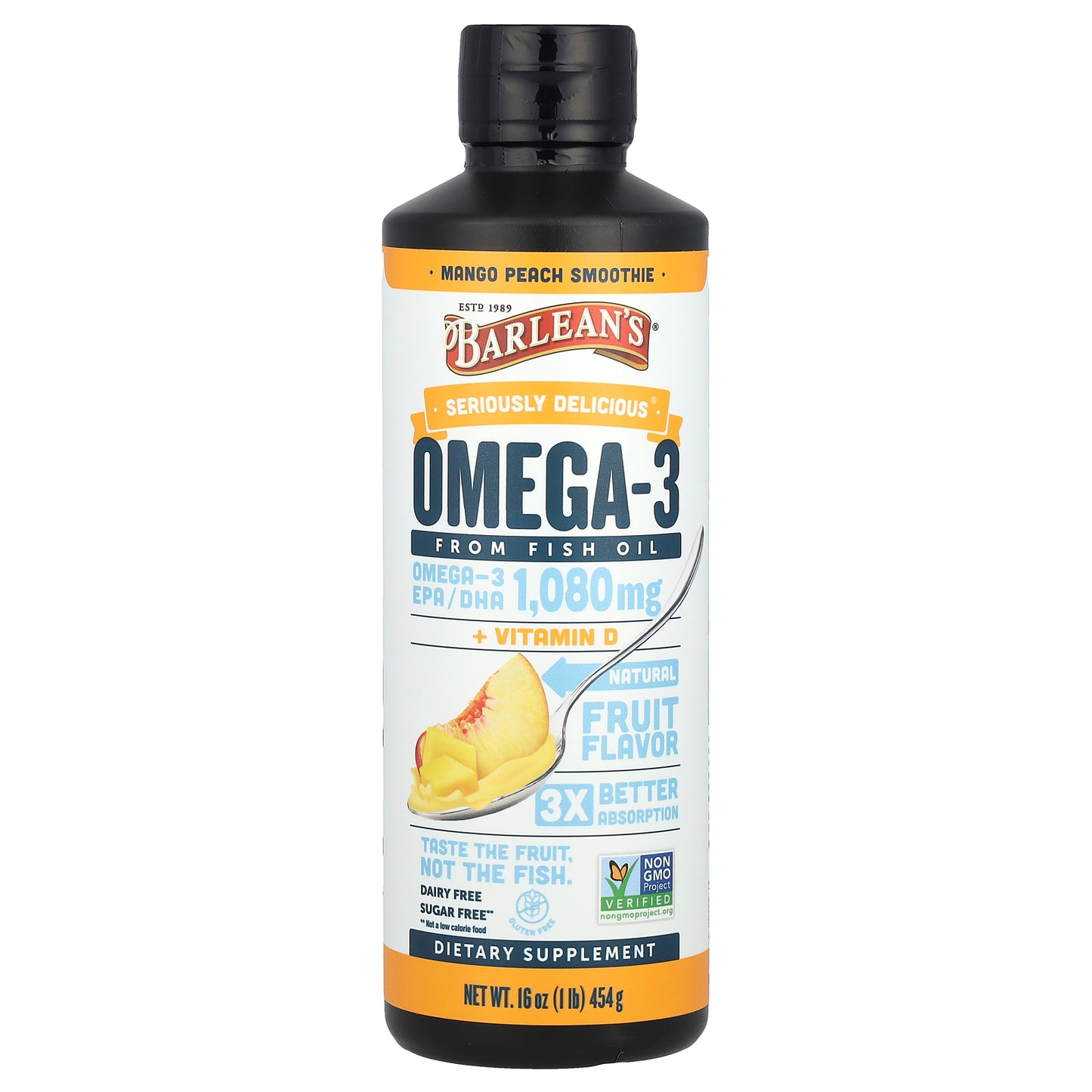 Barlean's, Seriously Delicious®, Omega-3 From Fish Oil + Vitamin D, Mango Peach Smoothie, 16 oz (454 g)