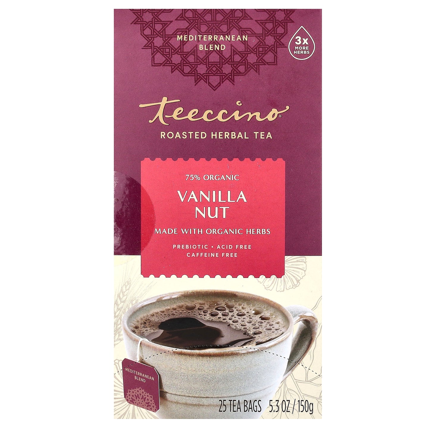 Teeccino, Roasted Herbal Tea, Vanilla Nut, Caffeine Free, 25 Tea Bags, 5.3 oz (150 g)