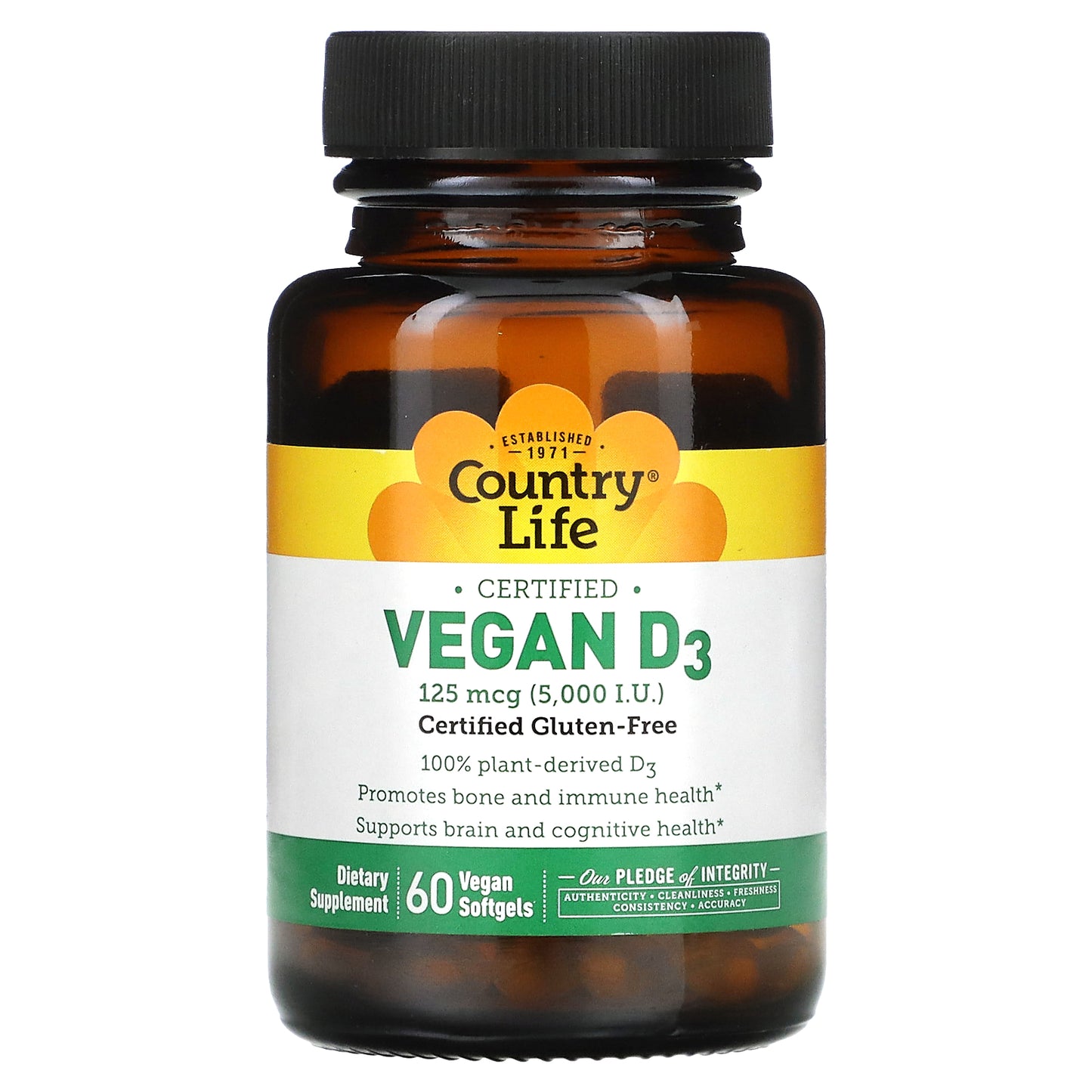 Country Life, Certified Vegan D3, 125 mcg (5,000 IU), 60 Vegan Softgels