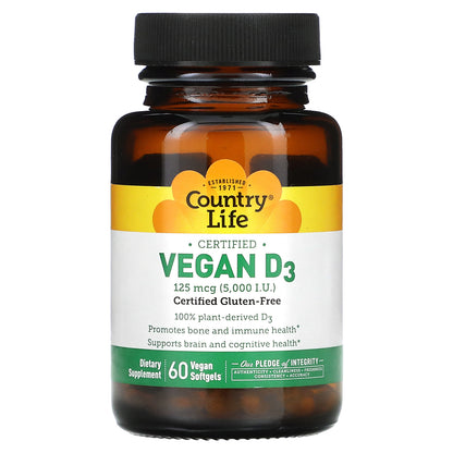 Country Life, Certified Vegan D3, 125 mcg (5,000 IU), 60 Vegan Softgels