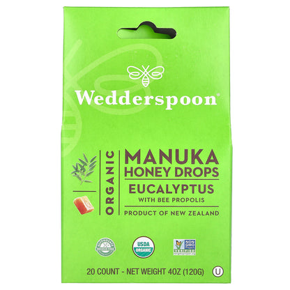 Wedderspoon, Organic Manuka Honey Drops, Eucalyptus with Bee Propolis, 20 Count, 4 oz (120 g)