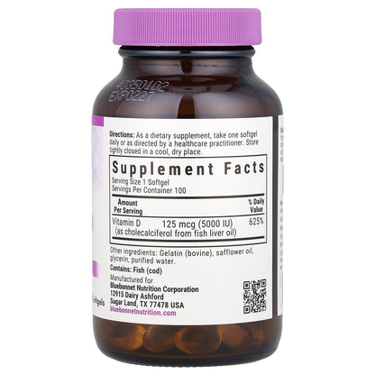 Bluebonnet Nutrition, Vitamin D3, 125 mcg (5,000 IU), 100 Softgels