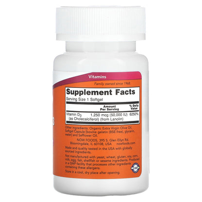 NOW Foods, Vitamin D-3, Max Potency, 50,000 IU, 50 Softgels