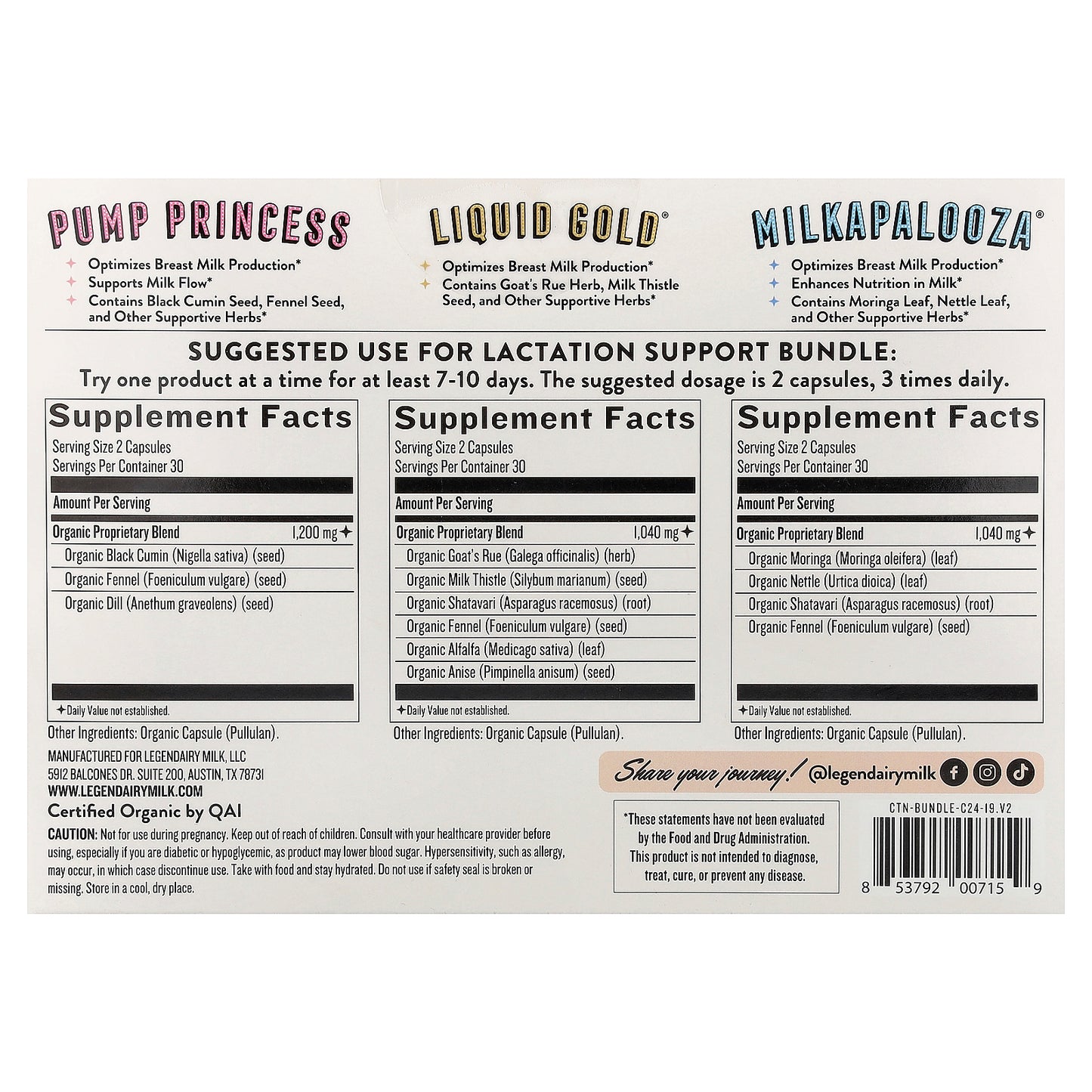 Legendairy Milk, Lactation Support Bundle, 3 Bottles, 60 Vegan Capsules Each