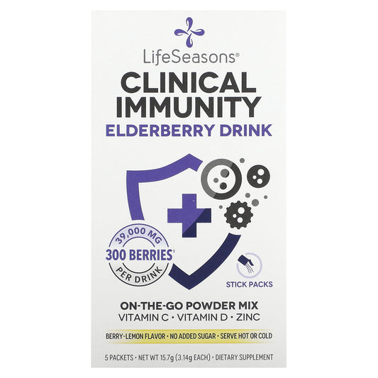 LifeSeasons, Clinical Immunity Elderberry Drink Mix, Berry-Lemon, 39,000 mg, 5 Packets, 3.14 g Each