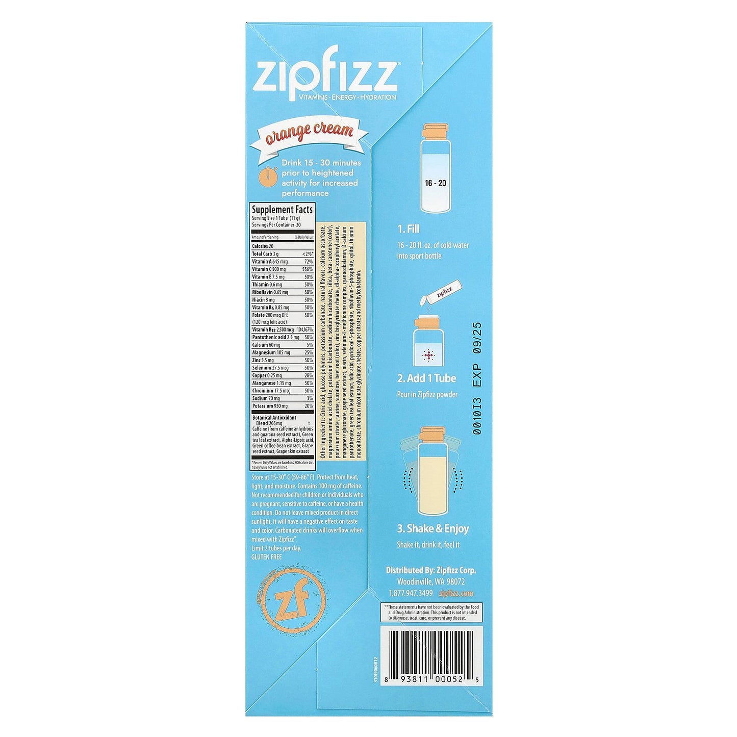 Zipfizz, Energy Drink Mix, Orange Cream, 20 Tubes, 0.39 oz (11 g) Each