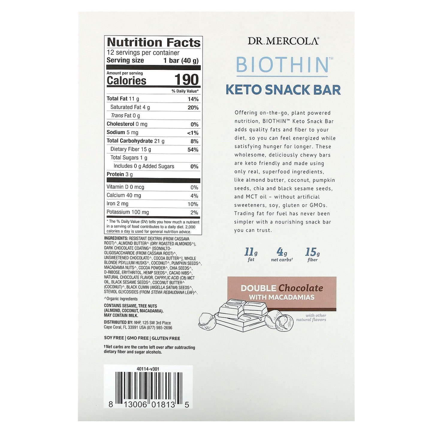 Dr. Mercola, Biothin, Keto Snack Bar, Double Chocolate with Macadamias, 12 Bars, 1.41 oz (40 g) Each