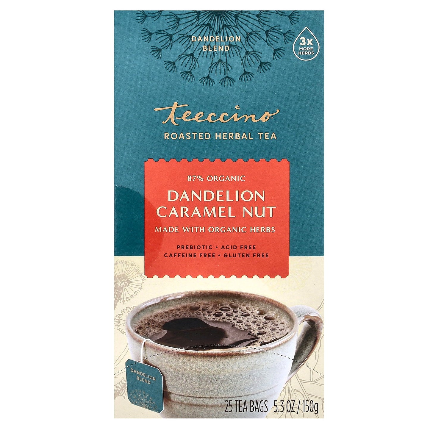 Teeccino, Roasted Herbal Tea, Dandelion Caramel Nut, Caffeine Free, 25 Tea Bags, 5.3 oz (150 g)