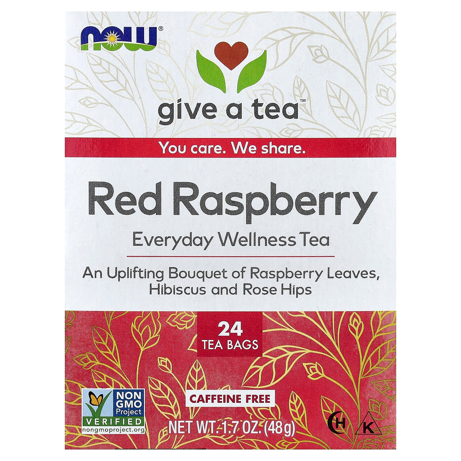 NOW Foods, Red Raspberry Tea, Caffeine Free, 24 Tea Bags, 1.7 oz (48 g)