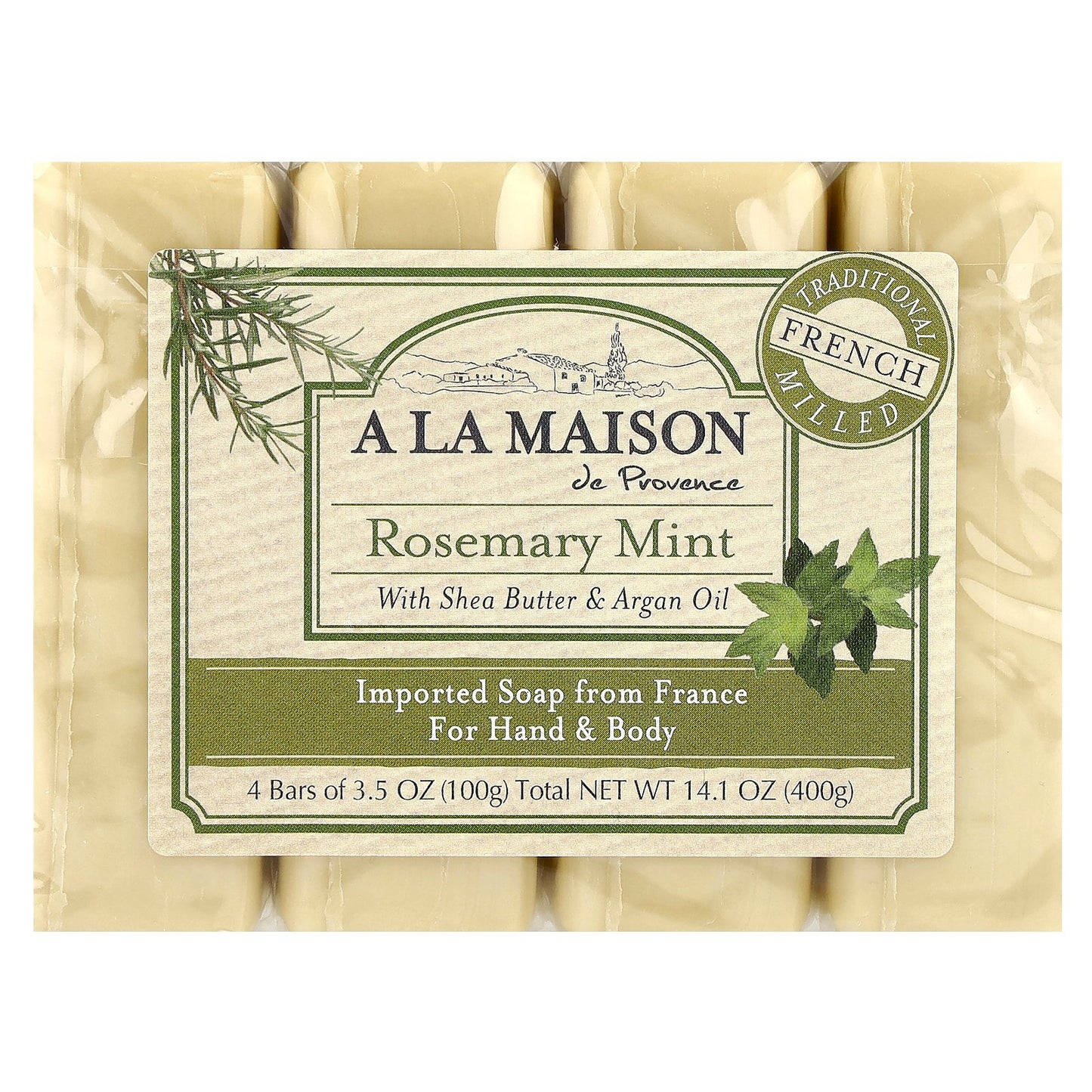 A La Maison de Provence, Hand & Body Bar Soap, Rosemary Mint, 4 Bars, 3.5 oz (100 g) Each