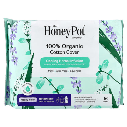 The Honey Pot Company, 100% Organic Cotton Cover Heavy Flow Overnight Pads, 16 Count
