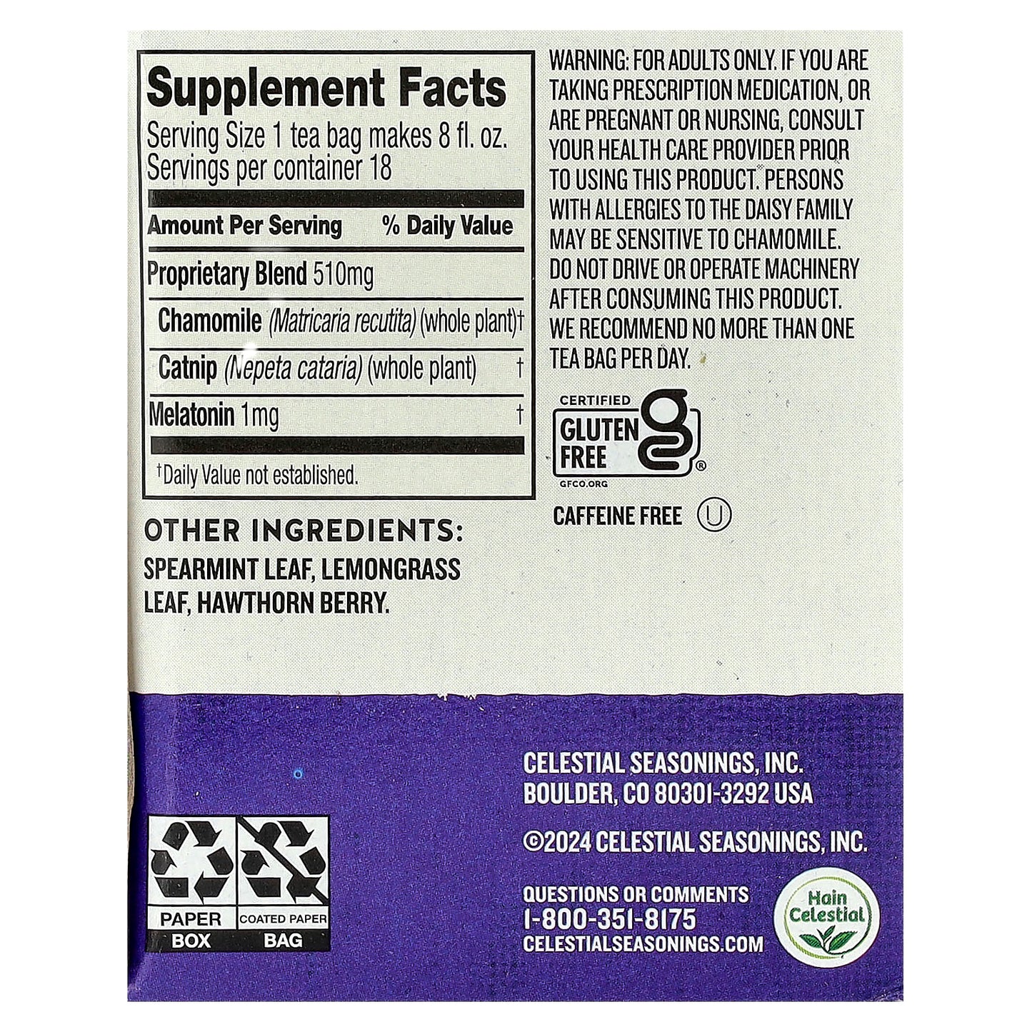 Celestial Seasonings, Wellness Tea, Sleepytime® Melatonin, Caffeine Free, 18 Tea Bags, 0.75 oz (21 g)