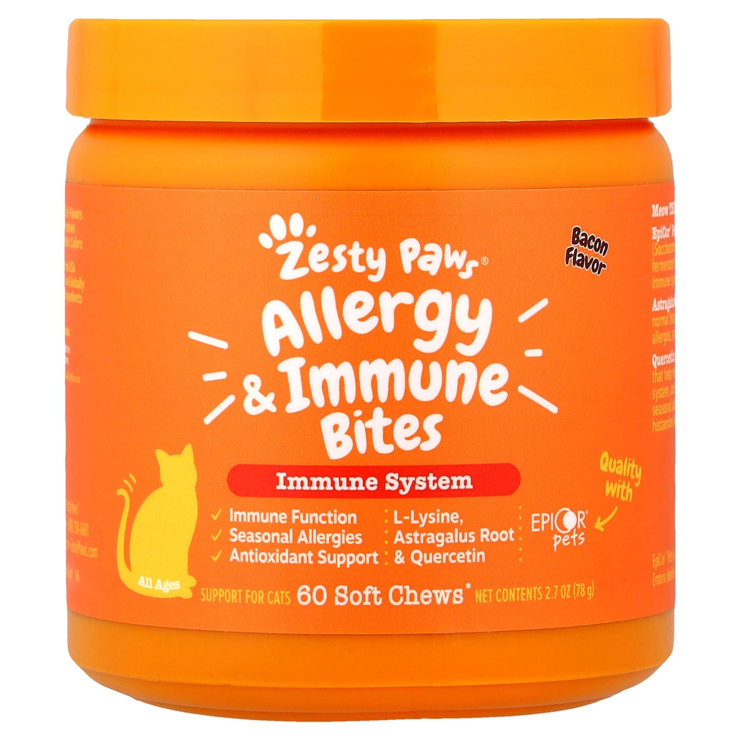 Zesty Paws, Allergy & Immune Bites, For Cats, All Ages, Bacon, 60 Soft Chews, 2.7 oz (78 g)