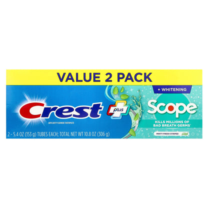 Crest, Plus Scope, Anticavity Fluoride Toothpaste, Minty Fresh Striped, 2 Pack, 5.4 oz (153 g)  Each