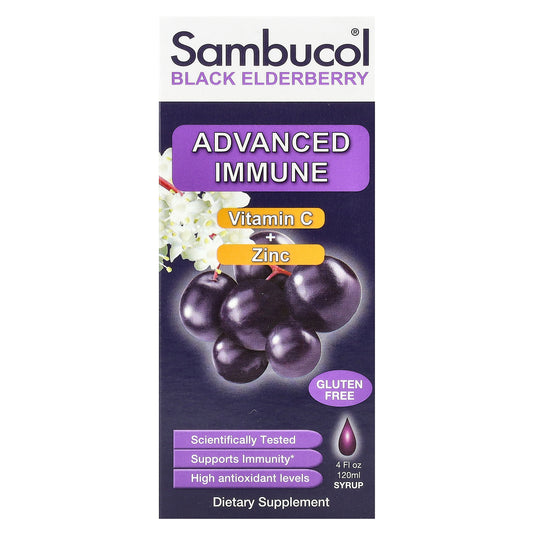 Sambucol, Black Elderberry Syrup, Advanced Immune, Vitamin C + Zinc, Natural Berry, 4 fl oz (120 ml)