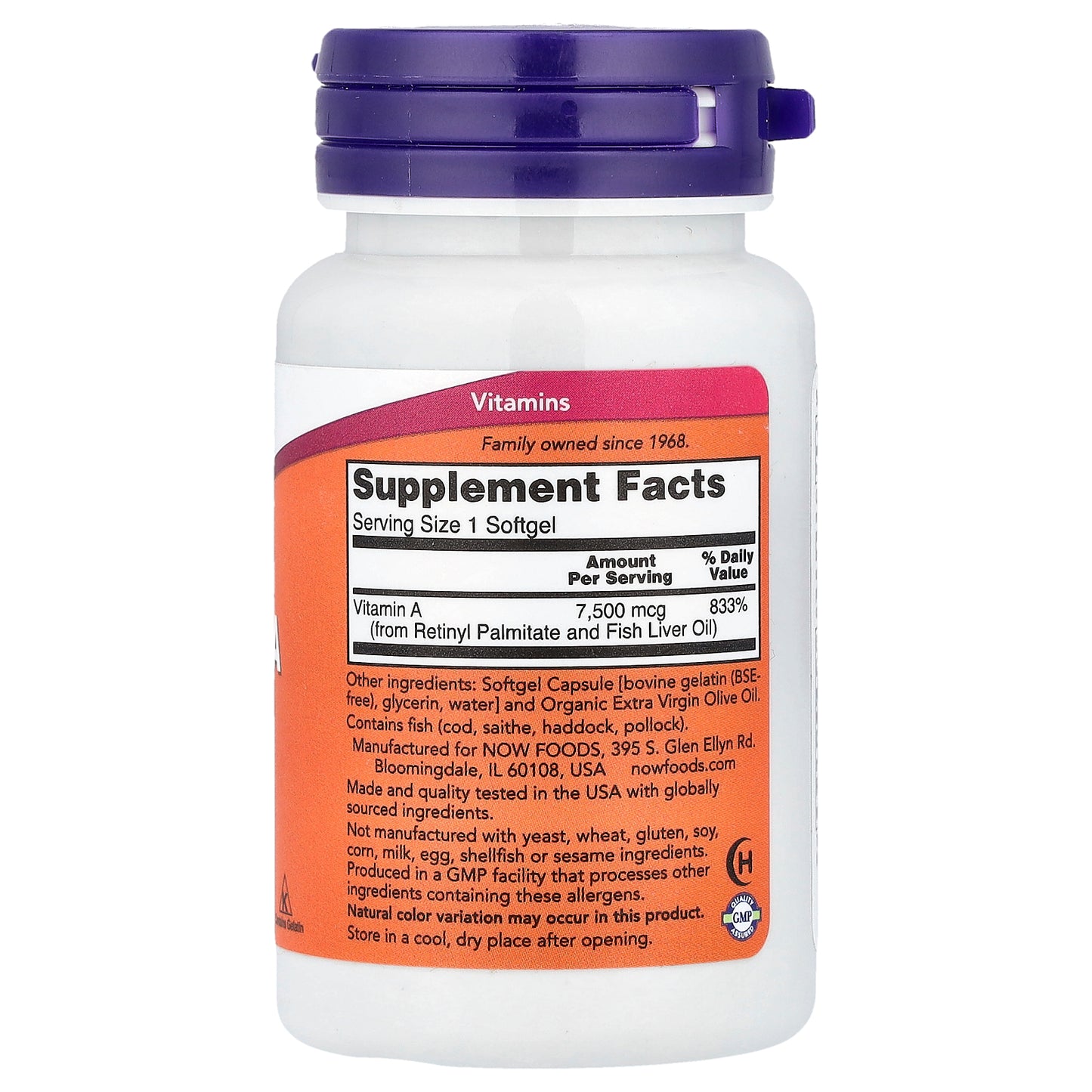 NOW Foods, Vitamin A, 7,500 mcg (25,000 IU), 100 Softgels
