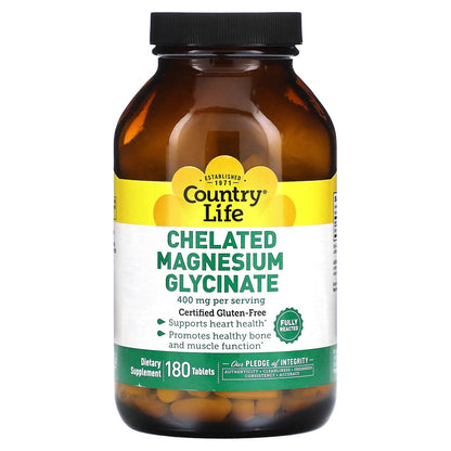 Country Life, Chelated Magnesium Glycinate, 180 Tablets (133 mg per Tablet)