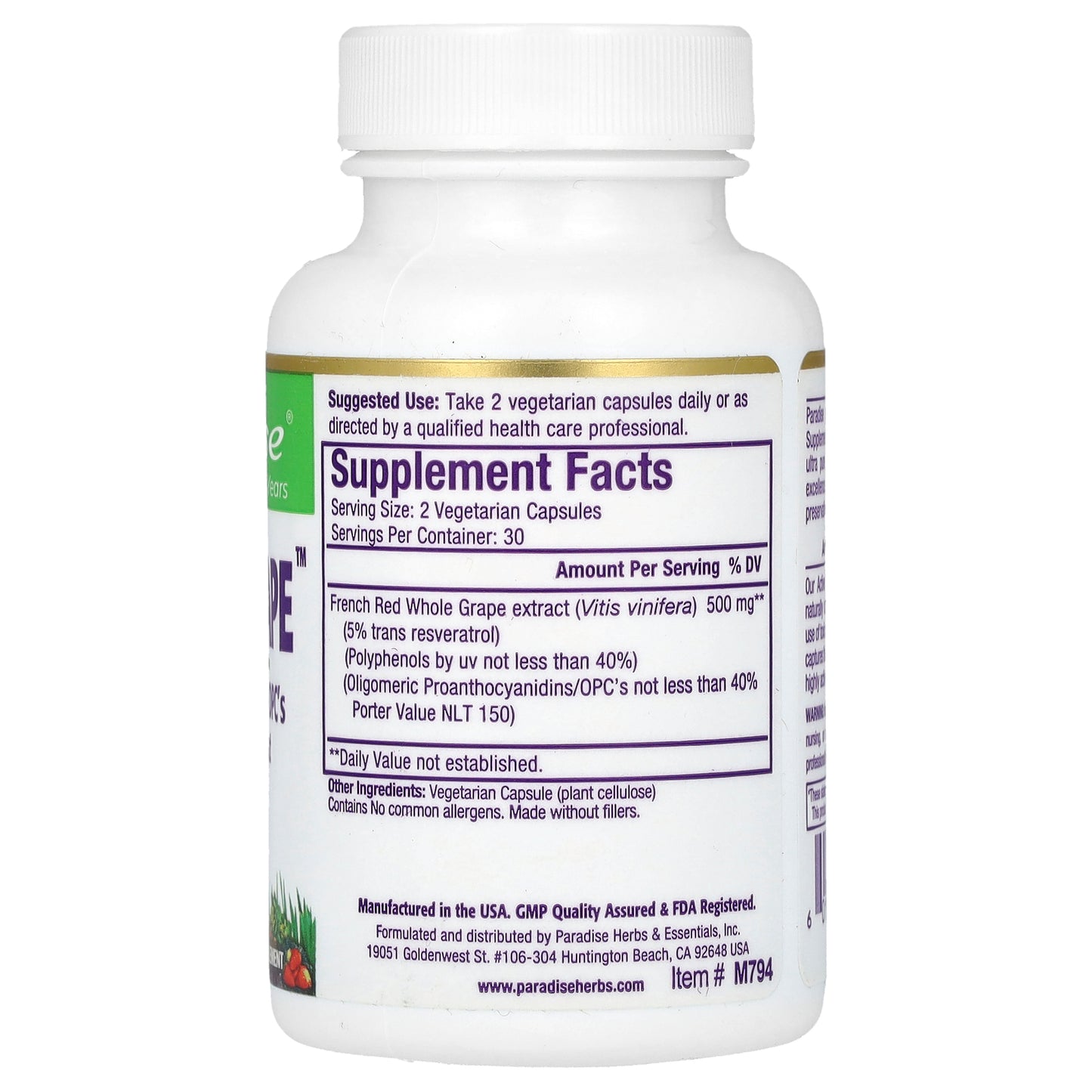 Paradise Herbs, Resvera-Grape, 60 Vegetarian Capsules (250 mg per Capsule)