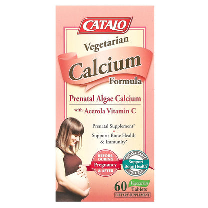 CATALO, Vegetarian Calcium Formula, Prenatal Algae Calcium with Acerola Vitamin C, 60 Vegetarian Tablets