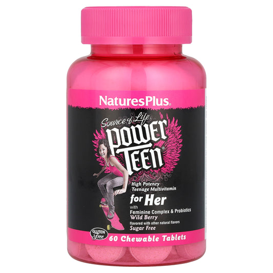 NaturesPlus, Source of Life®, Power Teen® for Her, Sugar Free, Wild Berry, 60 Chewable Tablets