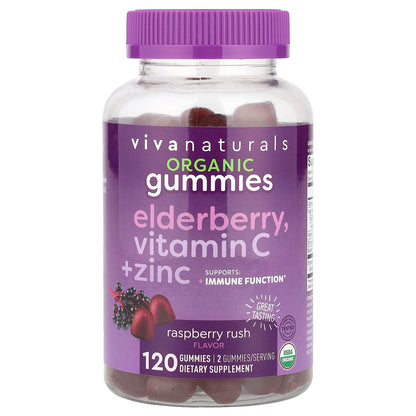 Viva Naturals, Organic Elderberry, Vitamin C + Zinc Gummies, Raspberry Rush, 120 Gummies