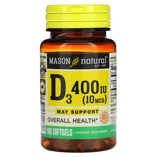 Mason Natural, Vitamin D3, 10 mcg (400 IU), 100 Softgels