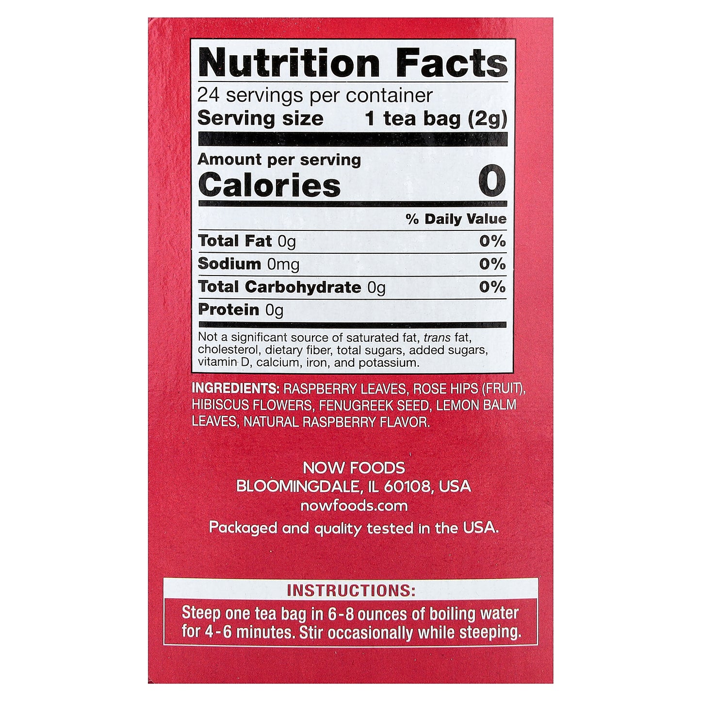 NOW Foods, Red Raspberry Tea, Caffeine Free, 24 Tea Bags, 1.7 oz (48 g)