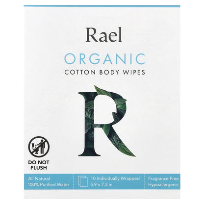 Rael, Organic Cotton Body Wipes, Fragrance Free, 10 Individually Wrapped Wipes