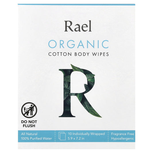 Rael, Organic Cotton Body Wipes, Fragrance Free, 10 Individually Wrapped Wipes