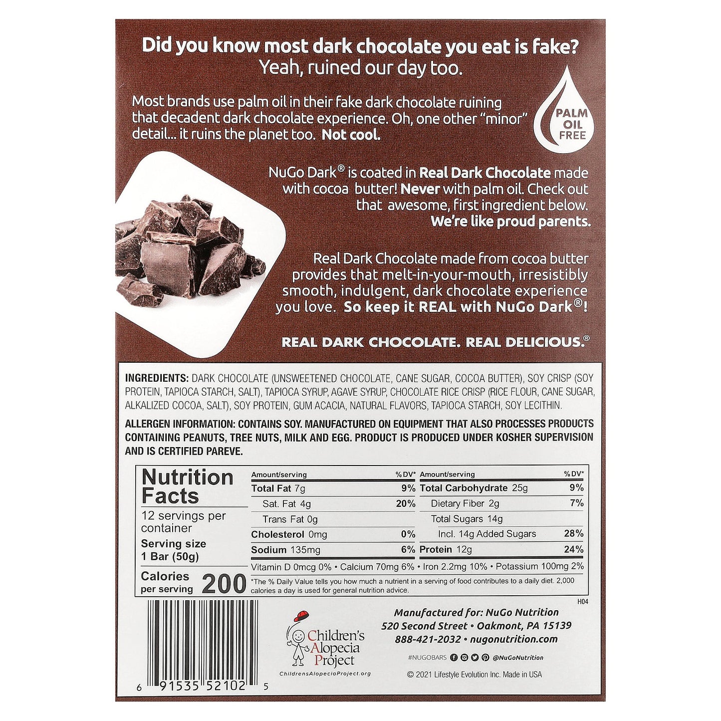 NuGo Nutrition, NuGo Dark® Protein Bars, Chocolate Chocolate Chip, 12 Bars, 1.76 oz (50 g) Each