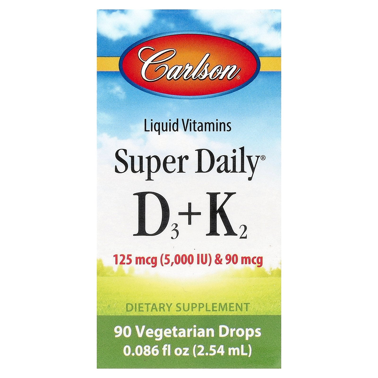 Carlson, Super Daily® D3 + K2, 125 mcg (5,000 IU) & 90 mcg, 0.086 fl oz (2.54 ml)