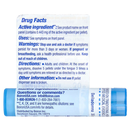 Boiron, Belladonna, 30C, Fever Relief, Approx 80 Pellets